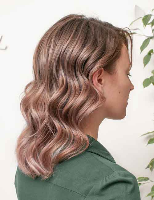 Dusty pink hair with caramel highlights