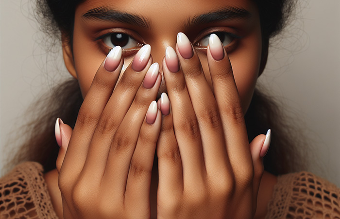 A woman with pale pink ombré nails