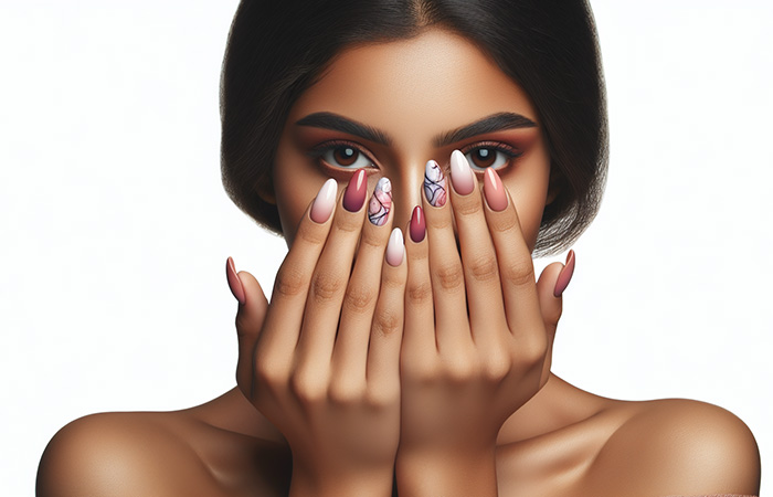 A marble effect on pink ombré nails